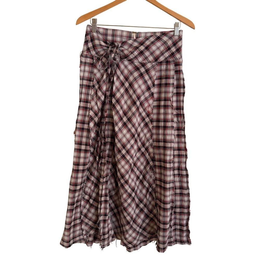 Free People Deep In Thought Plaid Frayed Maxi Skirt Tie Waist Boho Grunge Size 6 - Picture 6 of 12